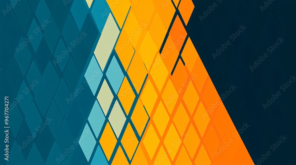 Fototapete Symmetrical geometric patterns with interlocking triangles and lines giving the illusion of continuous motion enhanced by gradient hues Large space for text in center Stock Photo with copy space
