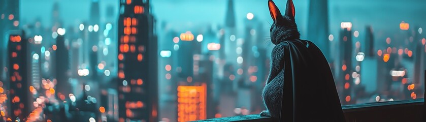 Fototapeta premium A mysterious figure in a cloak with rabbit ears gazes over a futuristic city skyline at night, illuminated by colorful lights.