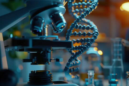 Close-up of a microscope with a DNA strand in a laboratory setting, showcasing scientific research and innovation.