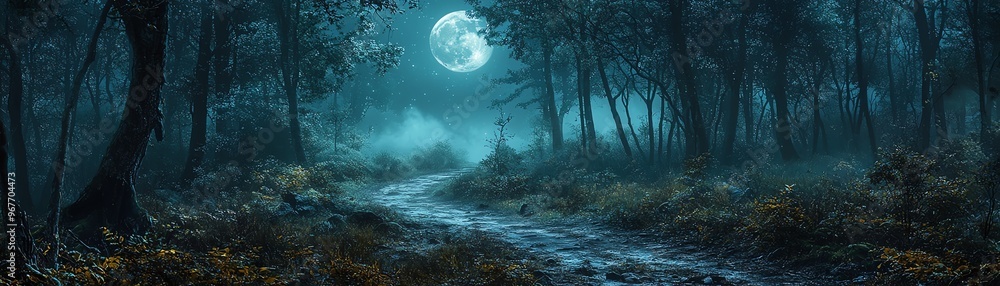 Poster a mystical forest path illuminated by a full moon, shrouded in mist and surrounded by dark trees, cr