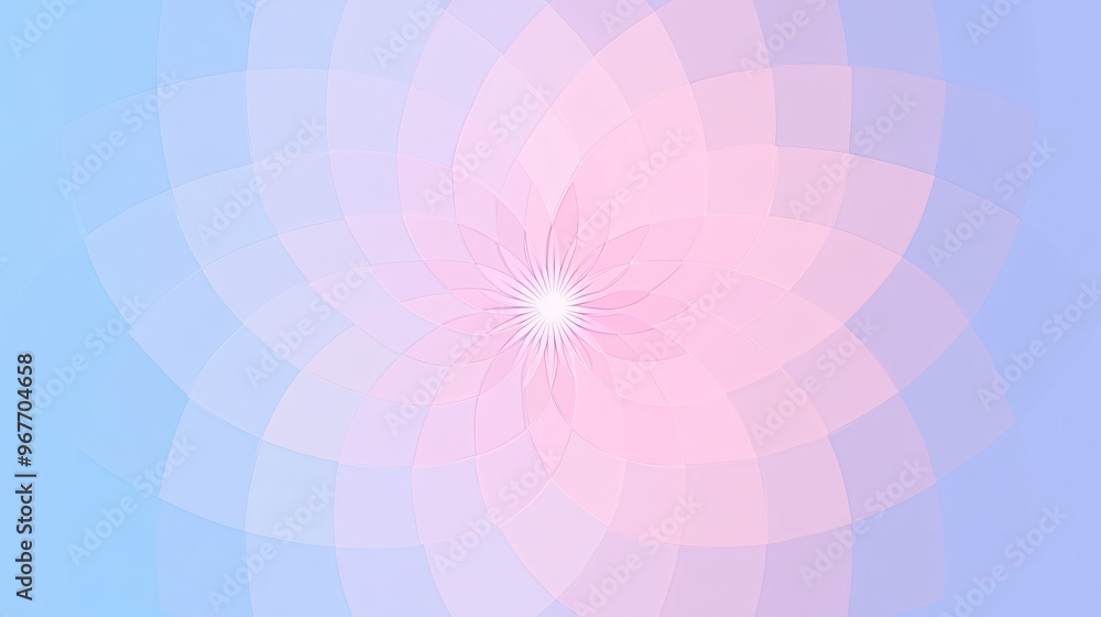 Poster Symmetry in motion with abstract geometric patterns featuring interlocking circles lines and triangles enhanced by gradient hues to give the illusion of movement Large space for text in center Stock