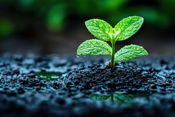 New Life Emerges: A vibrant green sprout breaks through rich, dark soil, dew-kissed leaves reflecting the promise of growth and renewal. 
