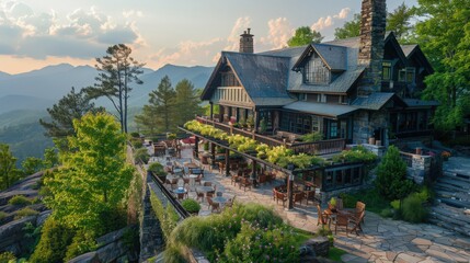 Fototapeta premium A picturesque summer mountain lodge with a panoramic view, cozy outdoor seating, and vacationers enjoying the scenic beauty of the highlands.
