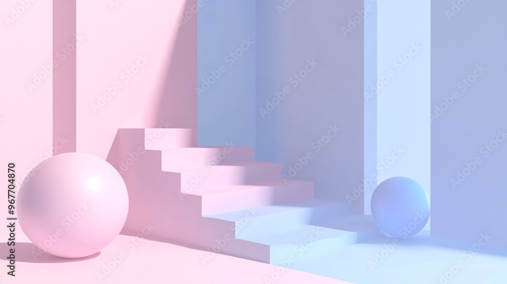 Leinwandbilder Dynamic 3D geometry featuring abstract cubes spheres and pyramids layered with depth and shadow effects to create a sense of futuristic complexity Large space for text in center Stock Photo with copy