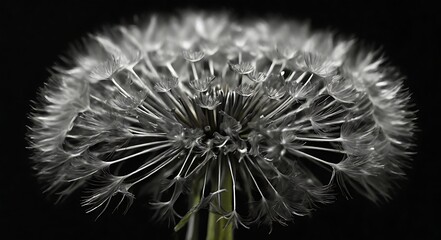 A black and white closeup of a Dandelion flower on a black background creating a negative image with copy space