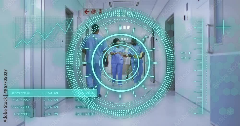 Aufkleber animation of scope scanning and data processing over diverse doctors in hospital