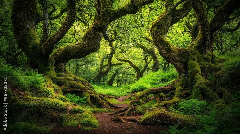 Aufkleber lush green forest path winding through ancient twisted trees in a serene natural setting on a bright