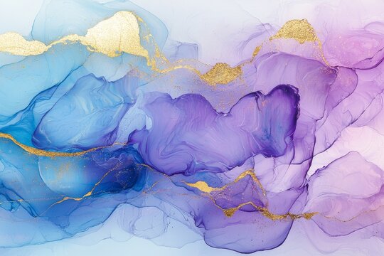 Violet cyan liquid marble watercolor background with gold lines. Purple teal turquoise marbled alcohol ink drawing effect. Bronze brush strokes with contemporary liquid painting texture.