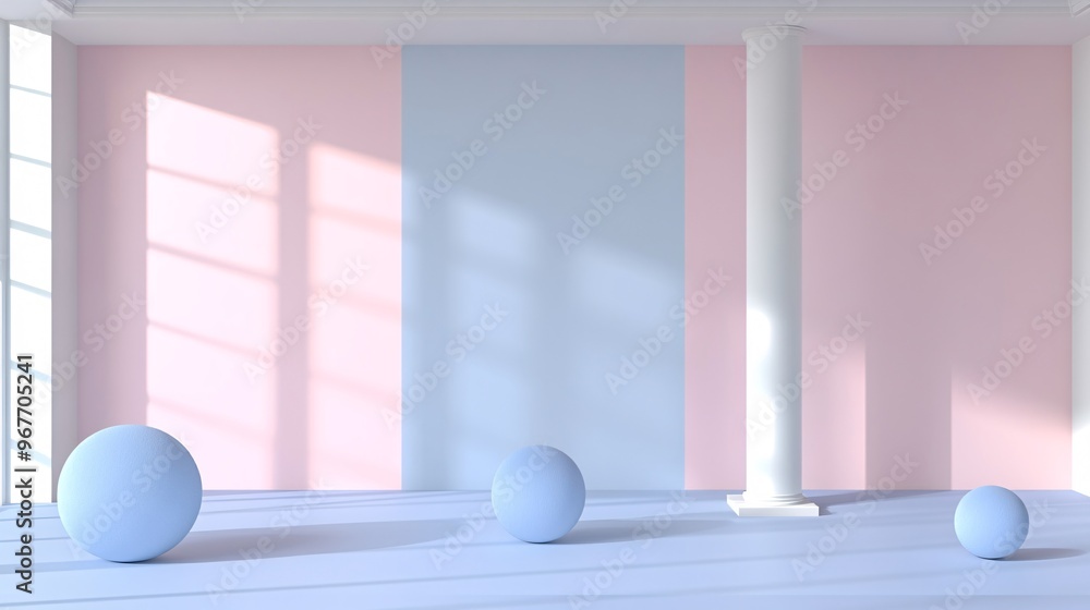 Leinwandbilder Dynamic 3D abstract geometry with layered pyramids and spheres casting shadows for a futuristic aesthetic ideal for tech or architecture visuals Large space for text in center Stock Photo with copy