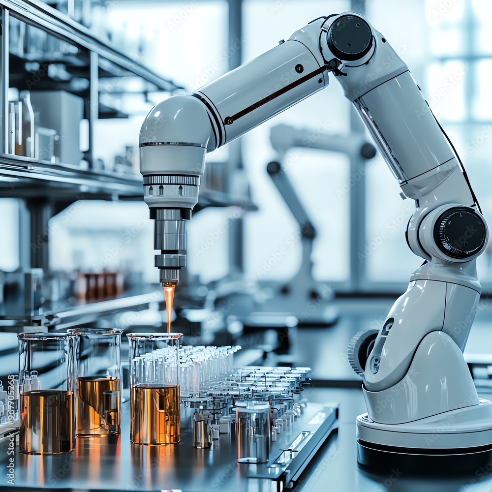 Aufkleber a robotic arm in a modern laboratory setting, assisting with chemical experiments and precise measur