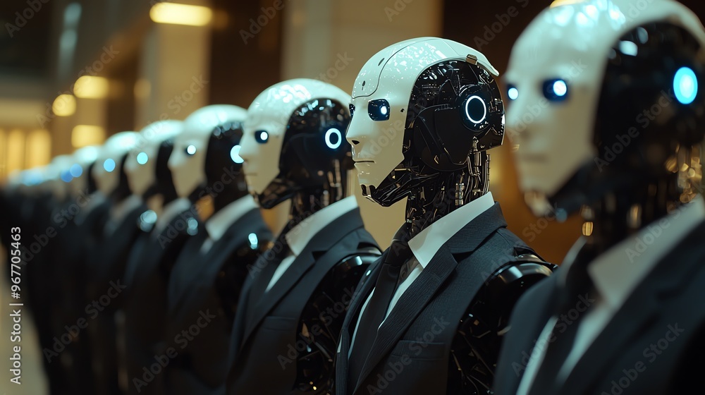 Poster a row of advanced humanoid robots in suits, showcasing futuristic technology and design in a modern 