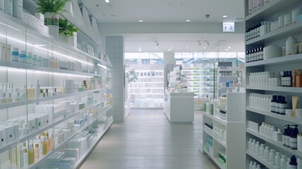 Fototapeta premium A modern, clean, and well-lit pharmacy with neatly organized shelves displaying various healthcare and beauty products.