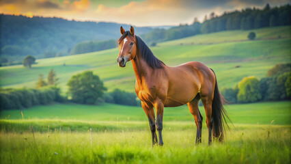 A beautiful mare standing gracefully in a green field, horse, animal, equine, mare, livestock, farm, rural, countryside