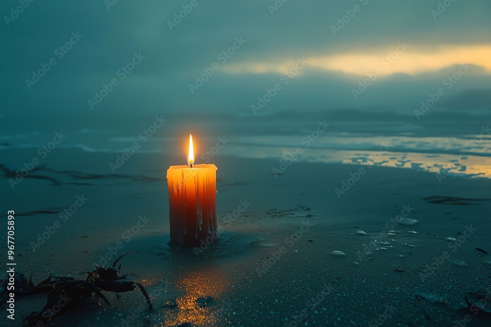 Aufkleber a serene candle shines softly on a beach at dusk, creating a tranquil atmosphere among gentle waves 