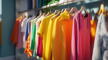 Fototapeta premium Colorful clothing display in a boutique showcasing vibrant garments on hangers in natural light