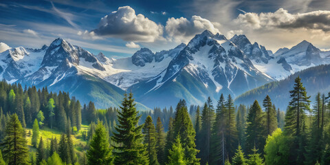 Obraz premium Mountain landscape with snow-capped peaks and pine forests, mountains, snowy, scenic, panoramic, countryside, nature, wilderness