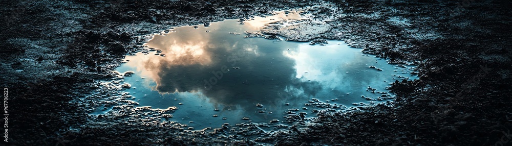 Poster a serene reflection of clouds in a puddle, surrounded by dark soil, creating a calm and moody atmosp