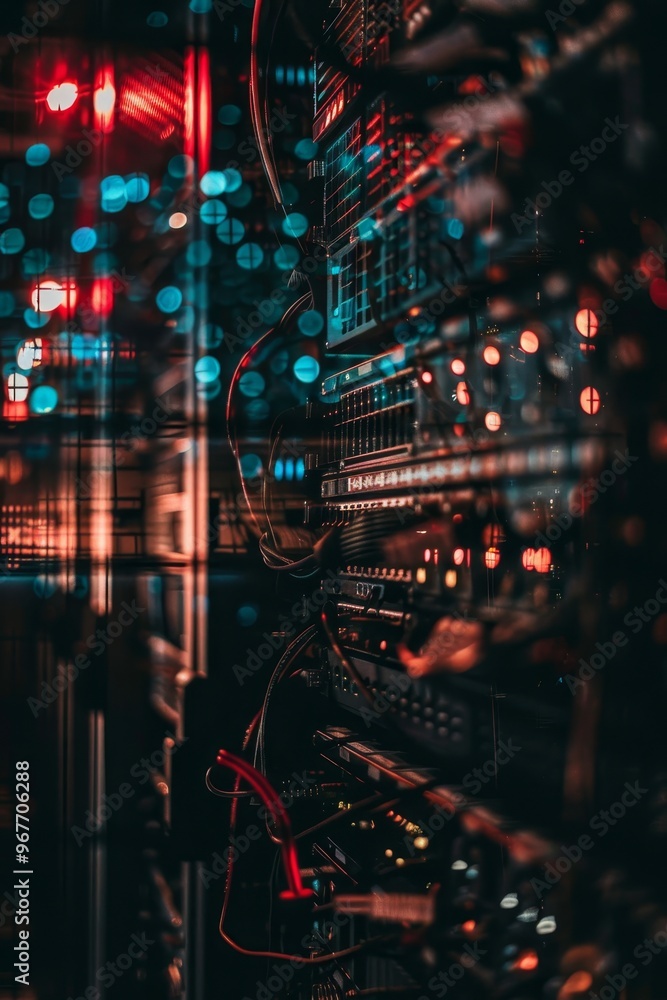 Poster glowing servers behind glass with vertical blur from cables, evoking complexity in technology.