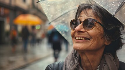 An elderly woman smiles happily under an umbrella in the rain, capturing the joy and charm of a rainy day in the city.