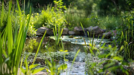 Fototapeta premium A pond in a natural reserve with native plants and wildlife, including frogs and dragonflies, adding to the natural beauty and ecological significance of the area