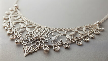 Close up of a delicate silver necklace with intricate details , jewelry, accessory, fashion, elegance, close-up, shiny, stylish