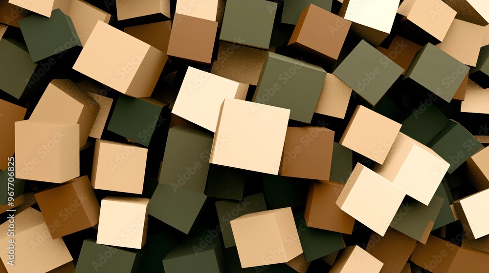 Aufkleber Dynamic abstract 3D forms in floating cubes and pyramids arranged in complex layers creating depth and movement Large space for text in center Stock Photo with copy space
