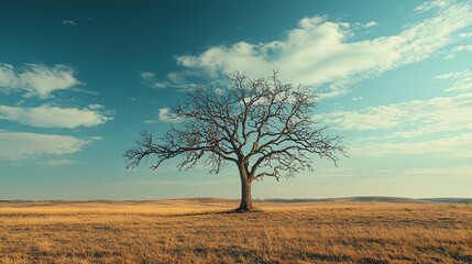 Fototapeta premium A solitary tree stands in a vast field under a blue sky, capturing the beauty of nature's simplicity and serenity.