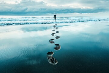 Obraz premium A tranquil beach scene with footprints leading towards a person gazing at the calm ocean under a dramatic sky.