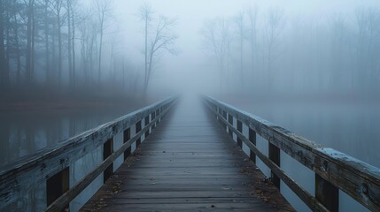 Obraz premium A tranquil foggy morning on a wooden bridge leading into a serene mist, surrounded by nature's calm and beauty.