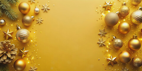 Fototapeta premium Charming golden yellow background with festive decorations, festive, golden, yellow, background, decorations, holiday