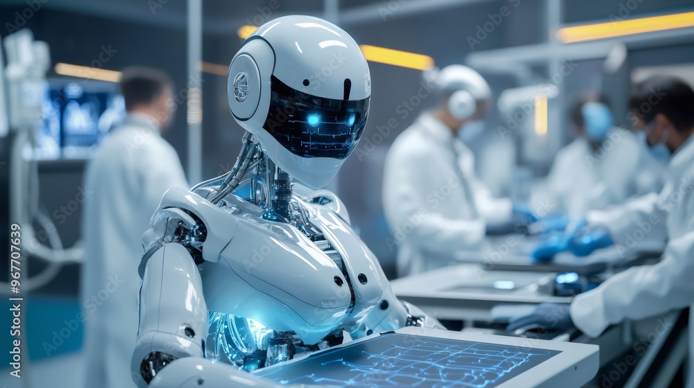 Poster a white robotic arm with blue glowing eyes examines a digital interface in a lab setting with blurre