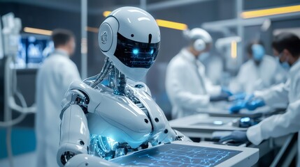 A white robotic arm with blue glowing eyes examines a digital interface in a lab setting with blurred medical professionals in the background.