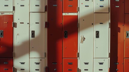 Alternating red and white lockers cast in soft sunlight, with one locker on the right holding a small key.