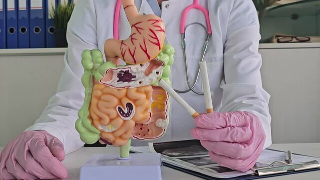 Doctor demonstrates the effects of smoking on a model of the digestive system and stomach