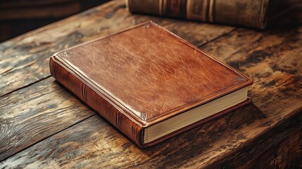 Obraz premium A vintage leather-bound book resting on a rustic wooden surface, perfect for literary themes and nostalgic settings.