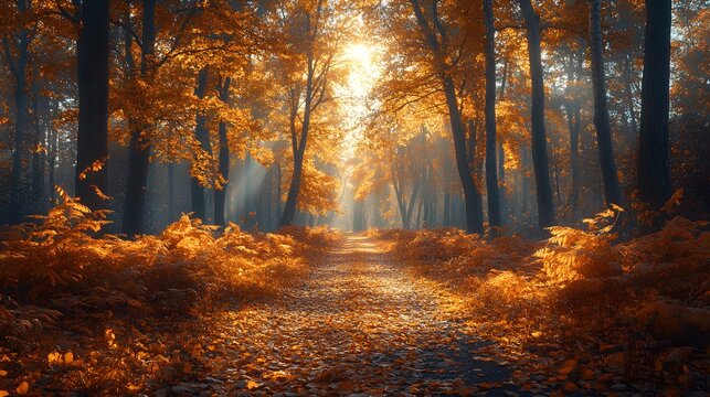 An autumnal forest with golden leaves fluttering in the breeze, sunlight creating a warm glow across the landscape, and a peaceful path winding through the trees.