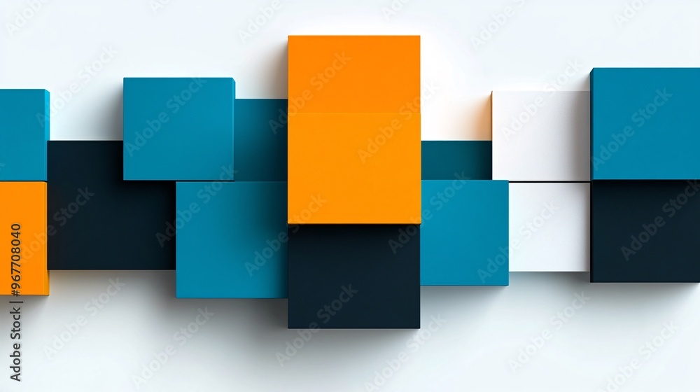 Poster Dynamic 3D geometric shapes such as cubes spheres and pyramids layered in different perspectives with shadow effects adding depth and futuristic appeal Large space for text in center Stock Photo with