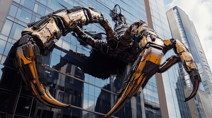 A Giant Metal Scorpion Sculpture on a Skyscraper