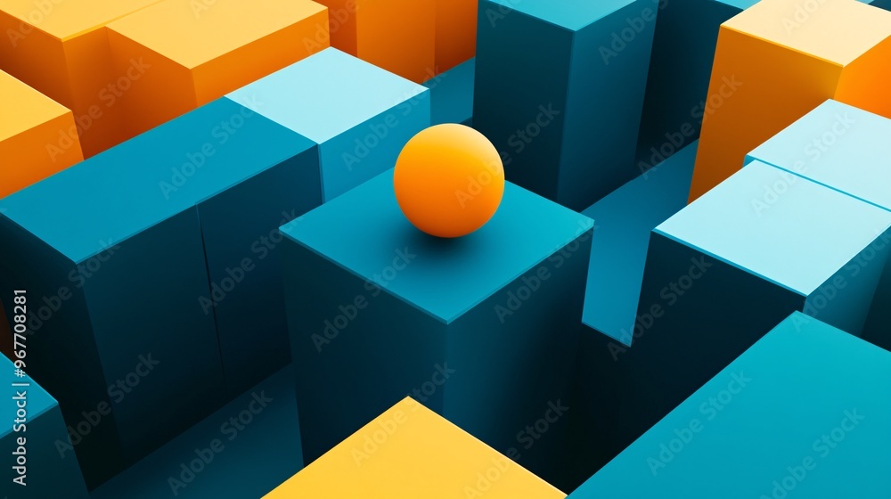 Poster Dynamic 3D geometric shapes such as cubes spheres and pyramids layered in different perspectives with shadow effects adding depth and futuristic appeal Large space for text in center Stock Photo with