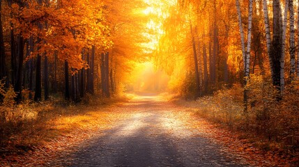 Obraz premium A picturesque autumn forest, with golden leaves dancing in the air, sunlight highlighting the vivid colors of the trees, and a quiet path leading into the woods.