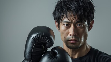 A determined boxer, wearing black gloves, faces the camera with intensity and focus, ready for a challenging match.