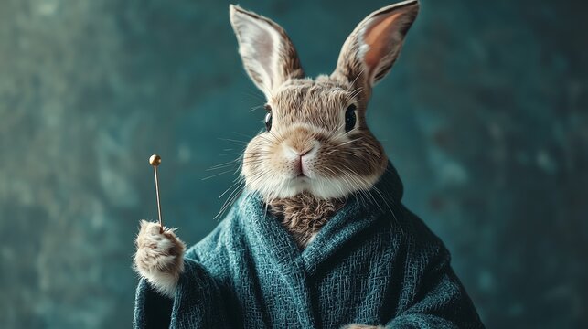 A whimsical rabbit in a cozy robe, holding a small stick, set against a textured background, perfect for playful illustrations.
