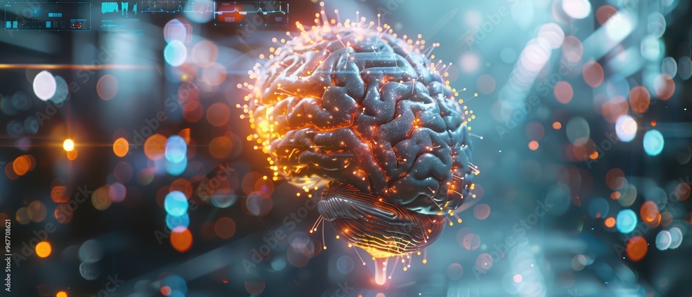 Poster futuristic brain illuminated with sparks, representing advanced technology and creativity in a digit