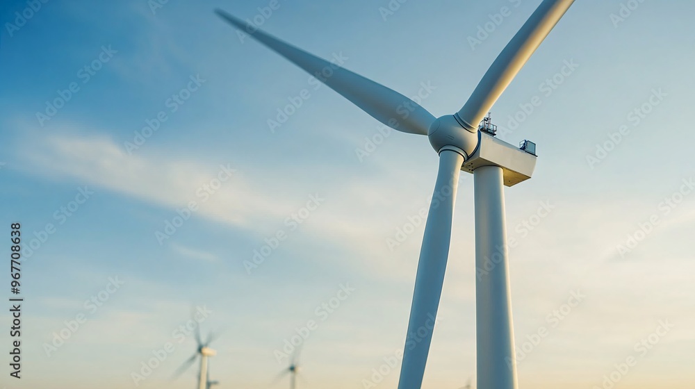 Poster wind turbine inspection up close - engineer analyzing renewable energy machinery against scenic fiel