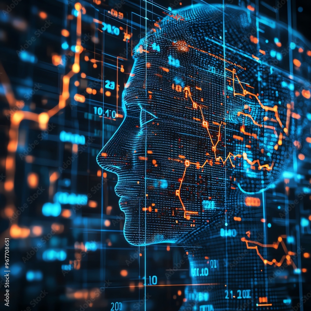 Poster abstract digital art showcasing a human profile overlaying data and graphs, representing ai and tech
