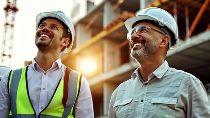 The team of engineers are happy to work on the construction site.