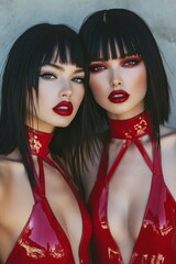 Obraz premium Latex fashion style portrait, two female models, fashion and make-up shoot. Latex bodysuit, catsuit. Goth, Emo, New Wave, Dark style fashion. Dark smokey make-up, red lipstick. Dramatic. Elegant.