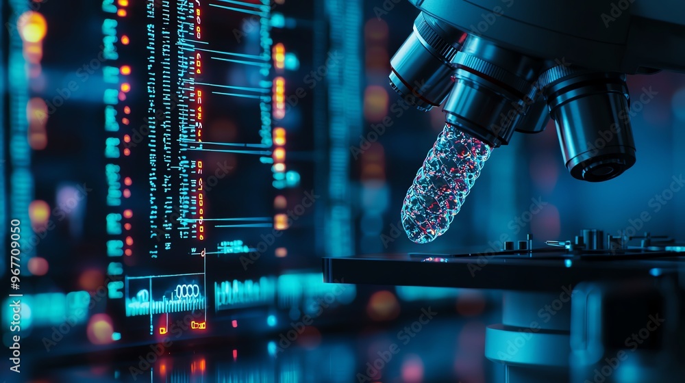 Poster advanced microscope analyzing a specimen in a high-tech laboratory setting, showcasing intricate det