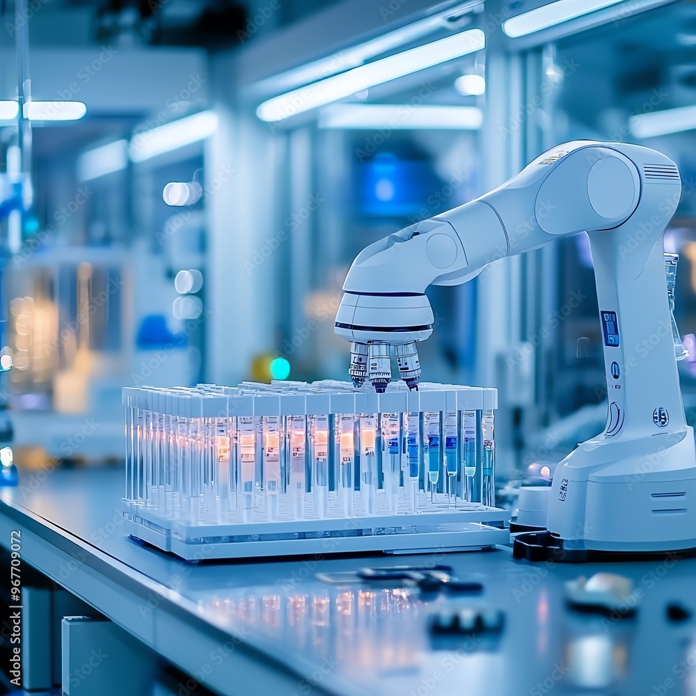 Poster advanced robotic arm in a laboratory, performing precise tasks with test tubes under bright, modern 