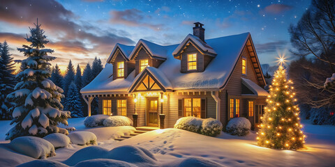 Fototapeta premium Beautifully lit Christmas house in the snow at night , Christmas, house, holiday, lights, festive, winter, snow, illuminated